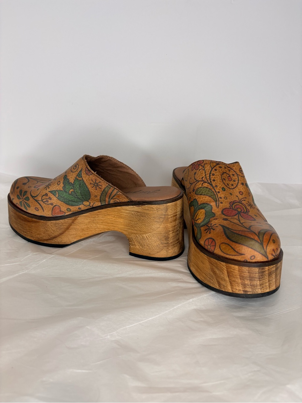 Free People Tan Floral Leather Platform Clogs with Green Accents - Picture 13 of 14